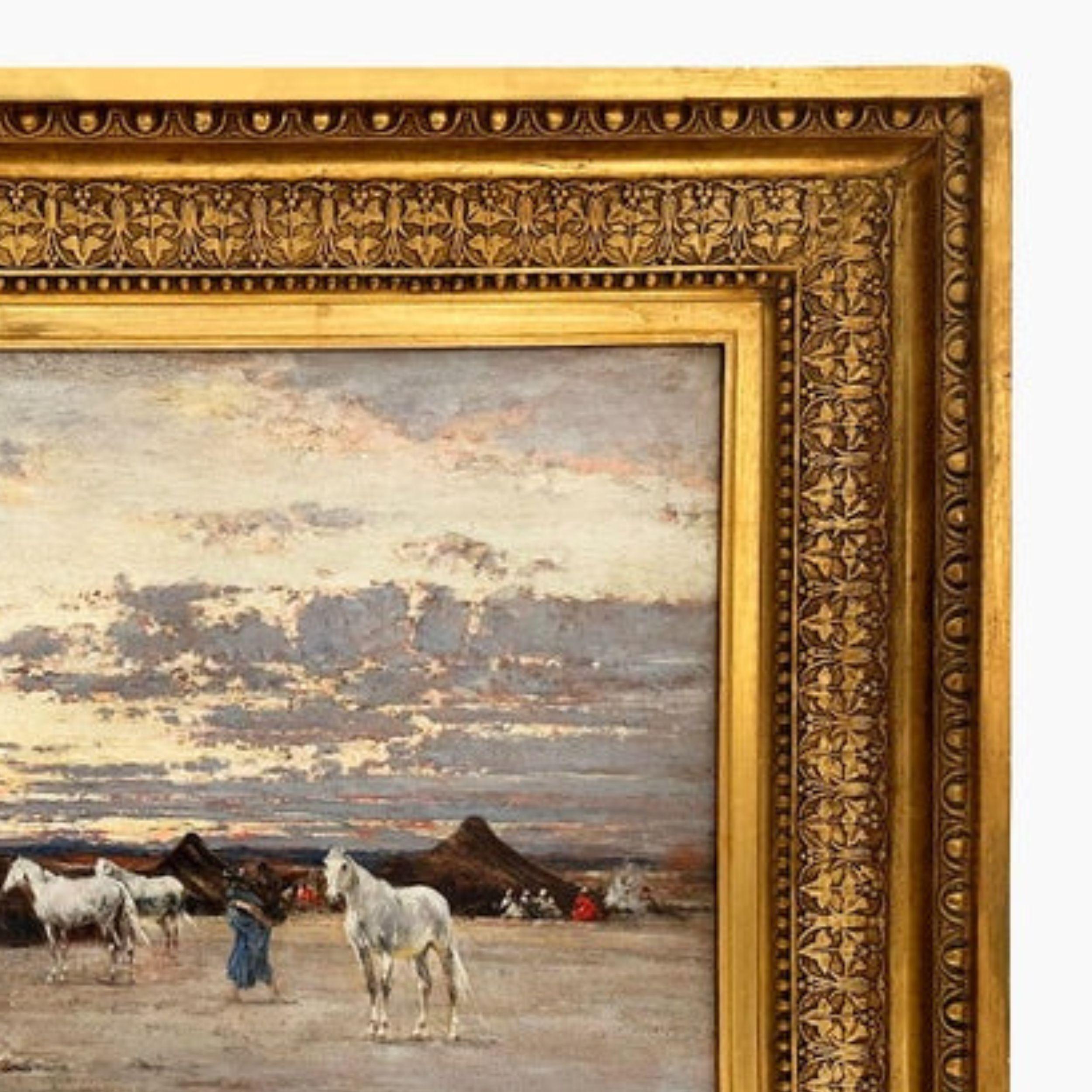 Campo arabo nel deserto, Victor Huguet, orientalista del XIX secolo, Olio su tavola in vendita 1