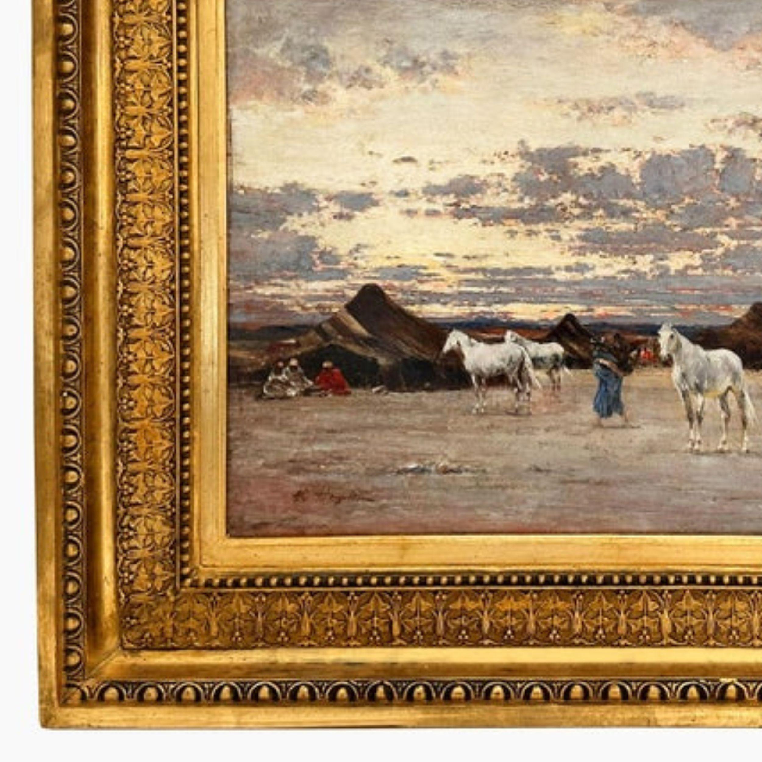 Campo arabo nel deserto, Victor Huguet, orientalista del XIX secolo, Olio su tavola in vendita 3