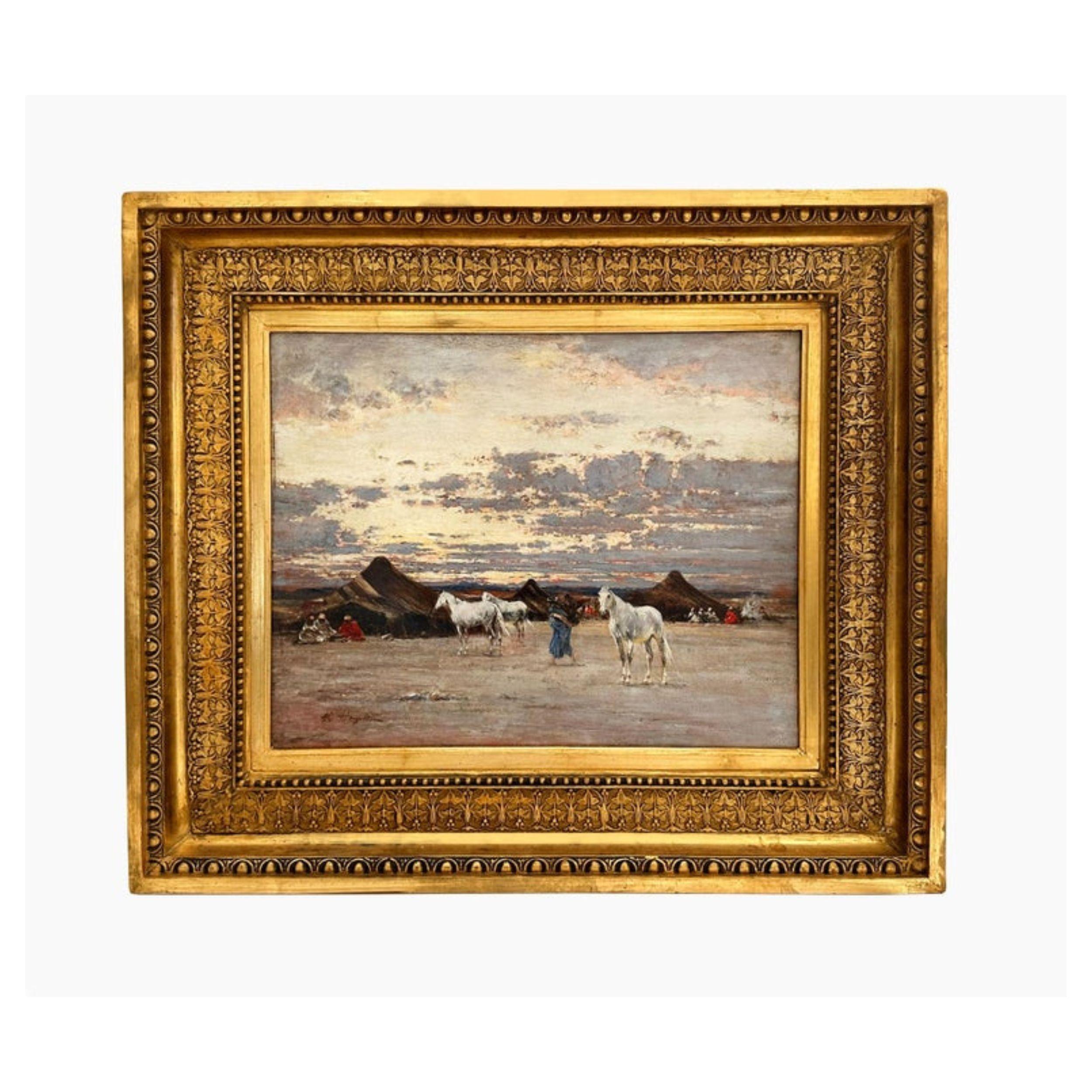 Animal Painting di Victor Pierre Huguet - Campo arabo nel deserto, Victor Huguet, orientalista del XIX secolo, Olio su tavola