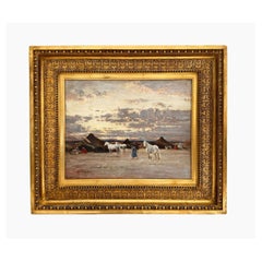 Campo arabo nel deserto, Victor Huguet, orientalista del XIX secolo, Olio su tavola