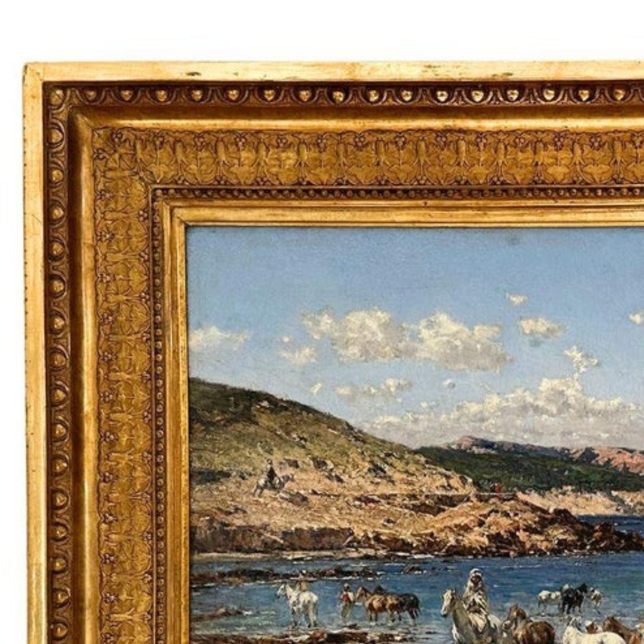At the Shore, Victor Huguet, 19th Century Orientalist Landscape , Oil on Canvas - Brown Animal Painting by Victor Pierre Huguet