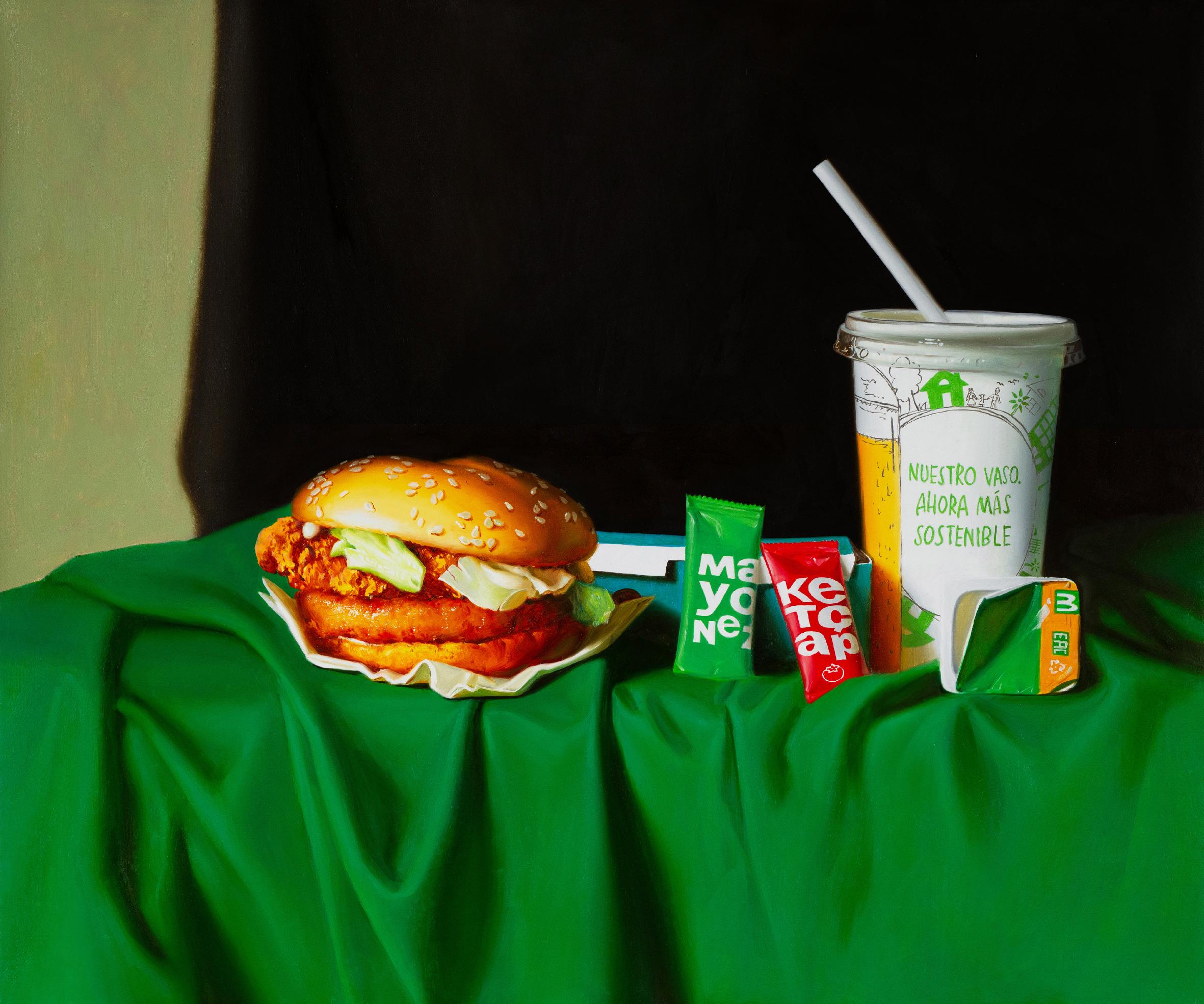 Nature morte avec un hamburger, huile/toile 50x70cm - Art de Victor Ponomarenko