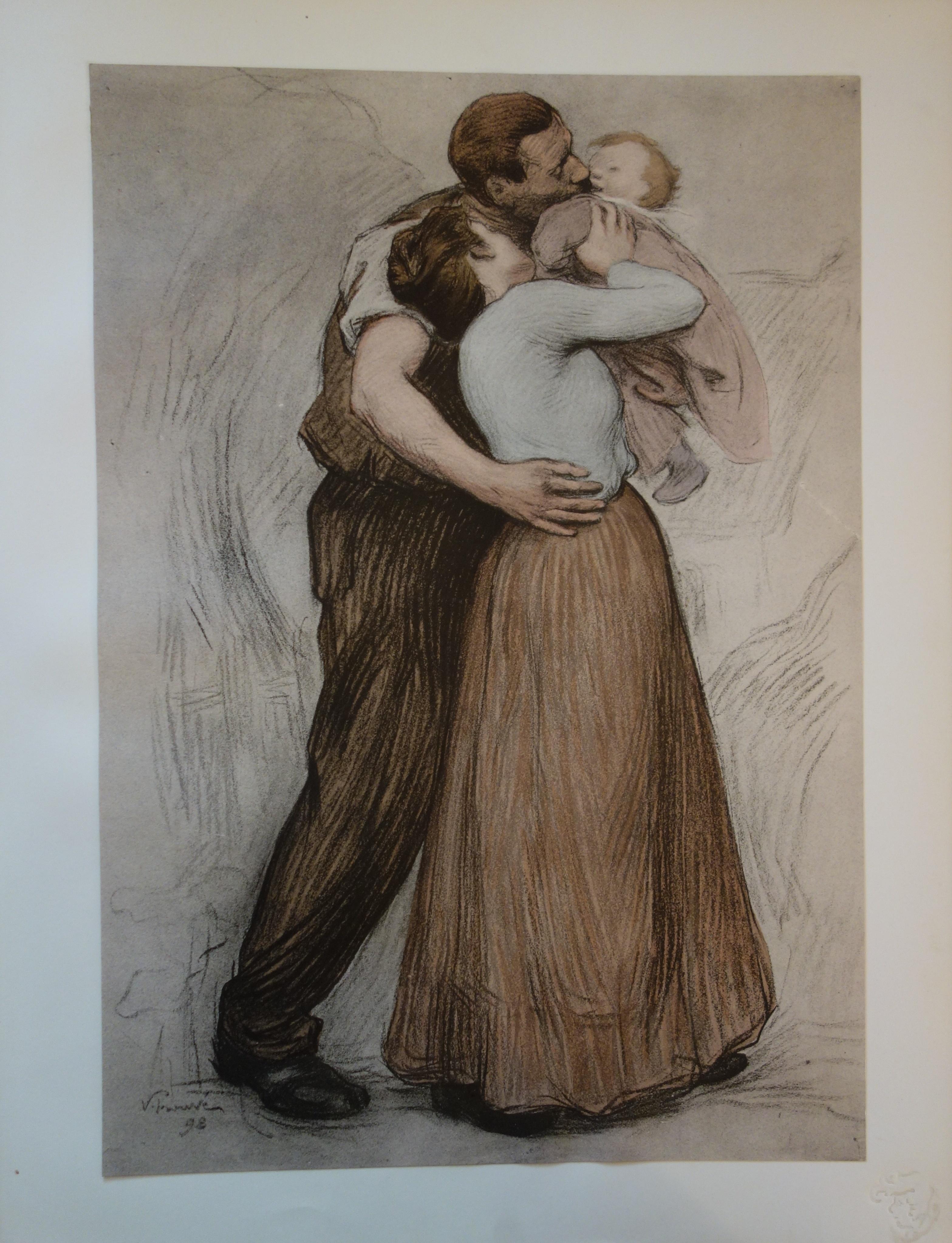 Family : Mother and Father Kissing a Baby - Original lithograph - 1898 - Print by Victor Prouve