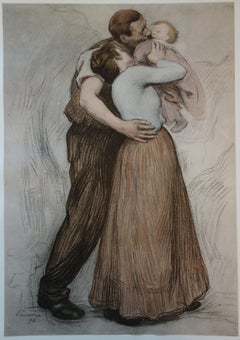 Familia : Madre y padre besando a un bebé - Litografía original - 1898
