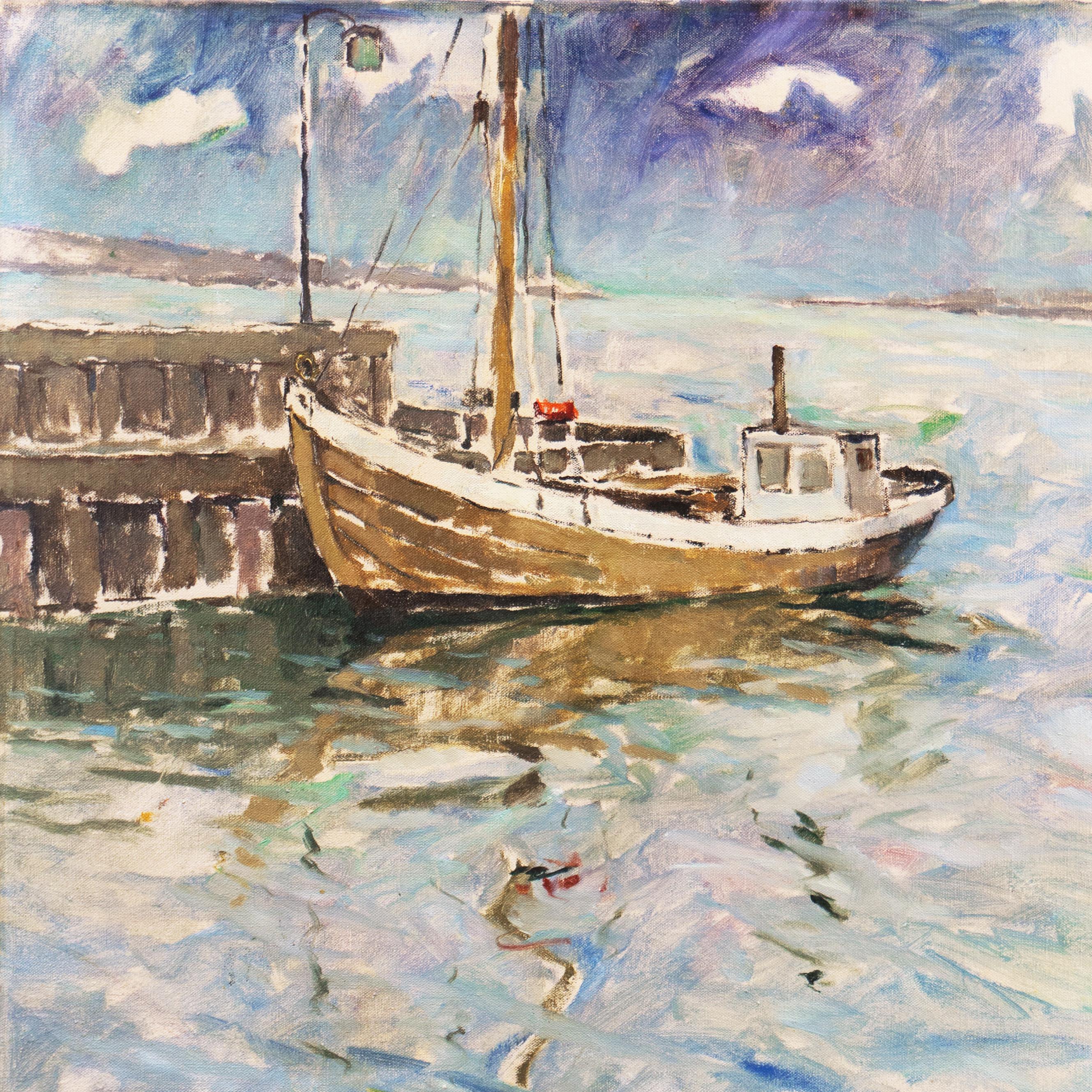 « Fishing Boat at Dawn », post-impressionnisme danois, Weilbach Kunstleksikon  - Gris Landscape Painting par Victor Qvistorff