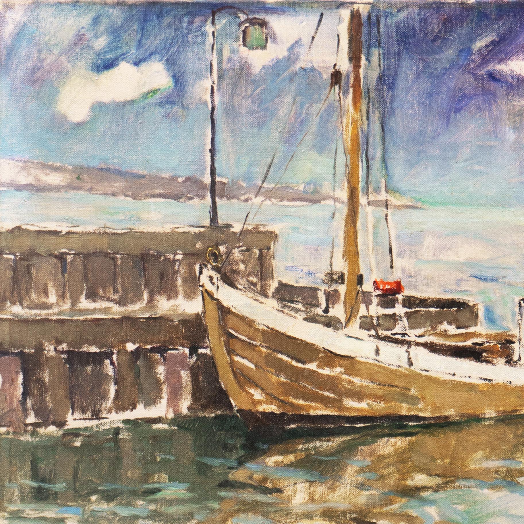 'Fishing Boat at Dawn', Danish Post-Impressionism, Weilbach Kunstleksikon  - Gray Landscape Painting by Victor Qvistorff