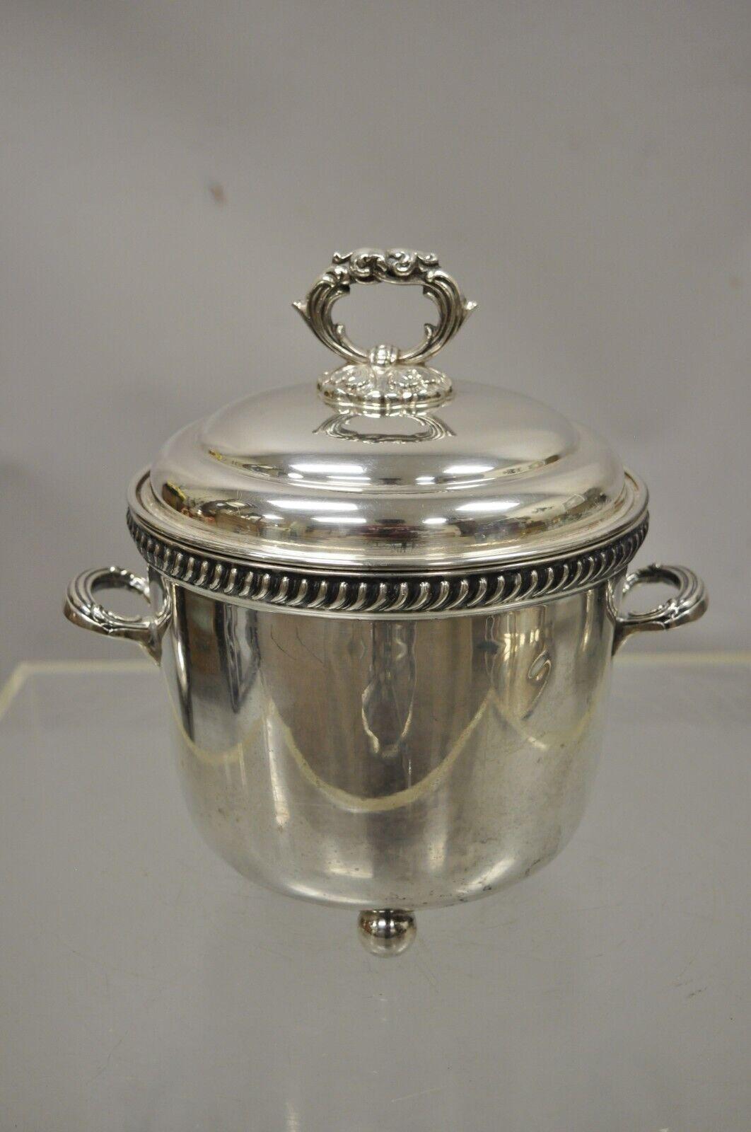 Victor Randolph Silver Plate Lidded Ice Bucket Mercury Glass Liner Ball Feet 6