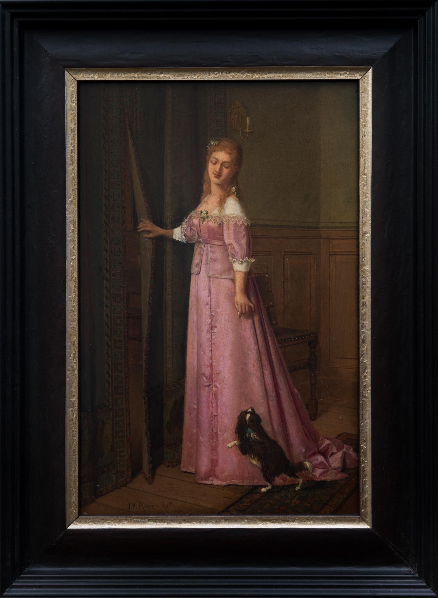 In this exquisite painting by Victor Ravet, we are transported to an elegant interior setting reminiscent of the grandeur of high-class homes. The focal point is a woman adorned in a shimmering pink gown, radiating grace and sophistication. Bathed