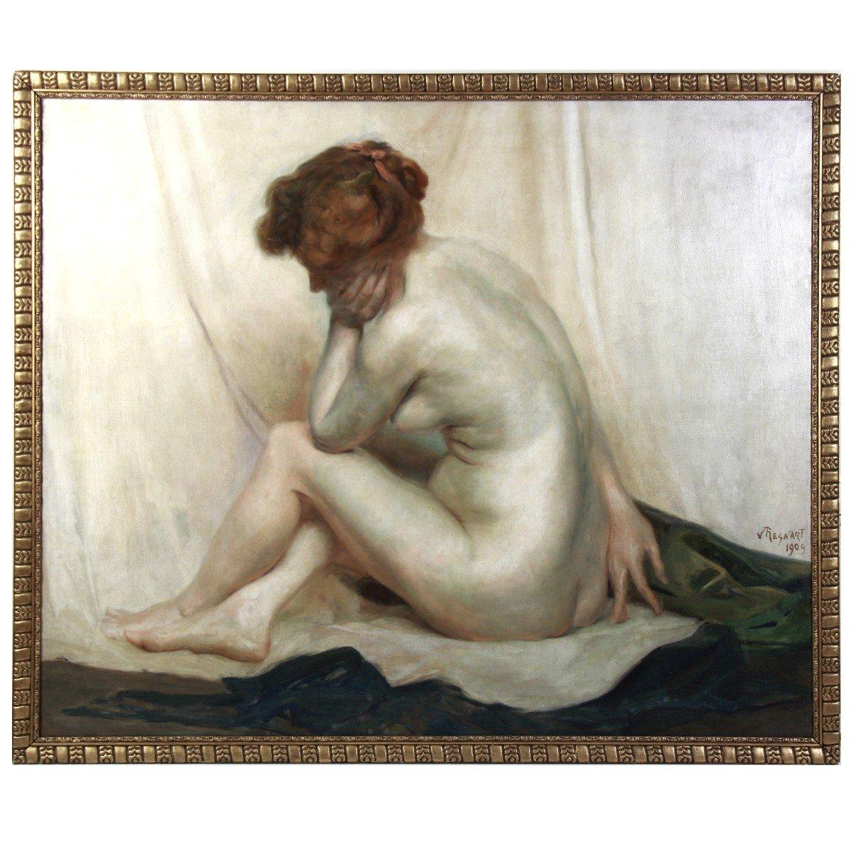 Beautiful Large Oil On Canvas Impressionist Nude Signed V Regnart For Sale 1