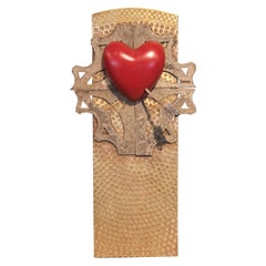 Abstract Red Heart and Gold Cross Mixed Media Contemporary Sculpture