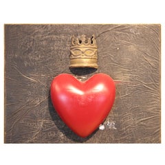 Abstract Red Heart and Gold Crown Square Mixed Media Contemporary Wall Sculpture