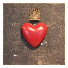 Abstract Red Heart and Gold Crown Square Mixed Media Contemporary Wall Sculpture