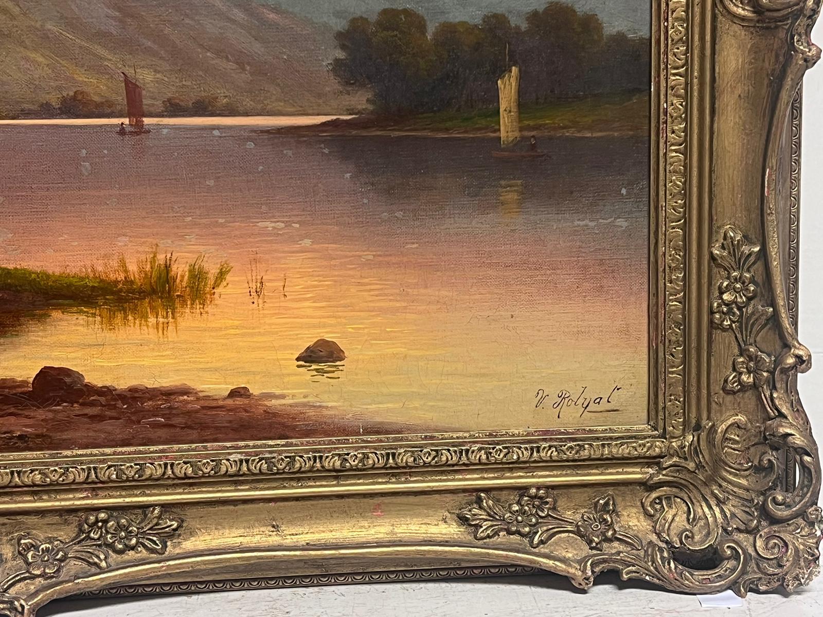 Large Victorian Signed Oil Painting English Lake District Sunset Ullswater 1