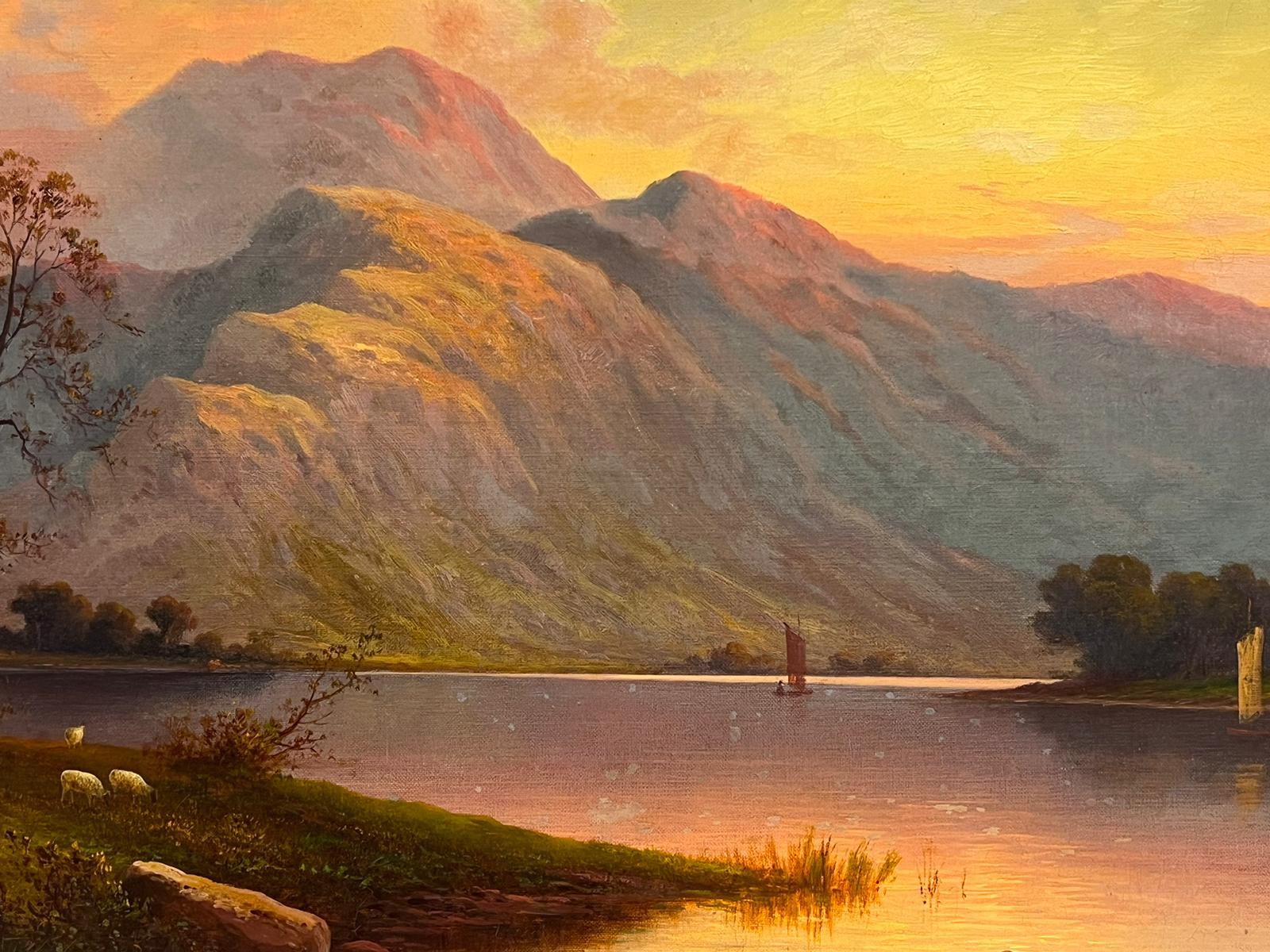 Large Victorian Signed Oil Painting English Lake District Sunset Ullswater 2