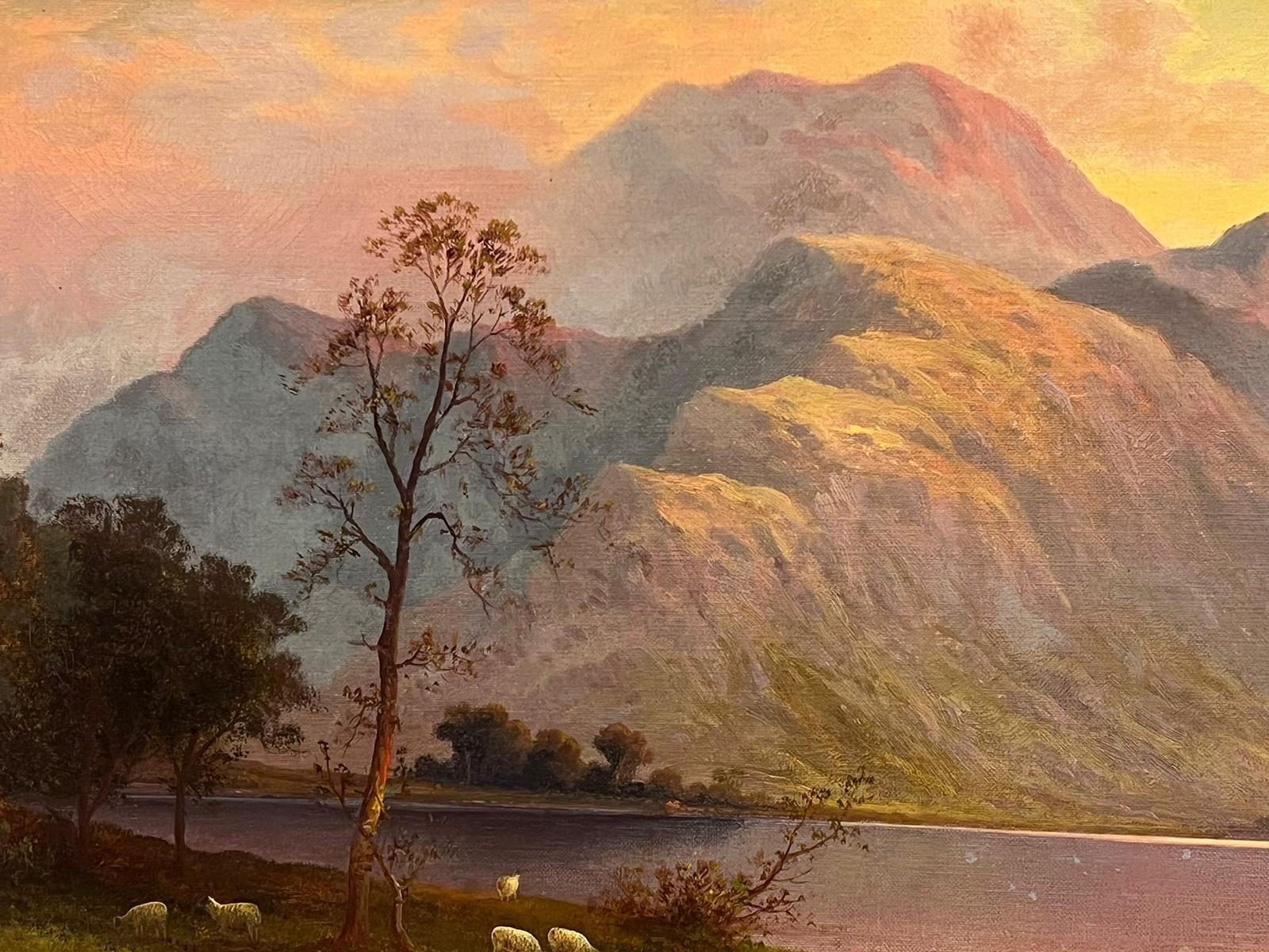 Large Victorian Signed Oil Painting English Lake District Sunset Ullswater 5