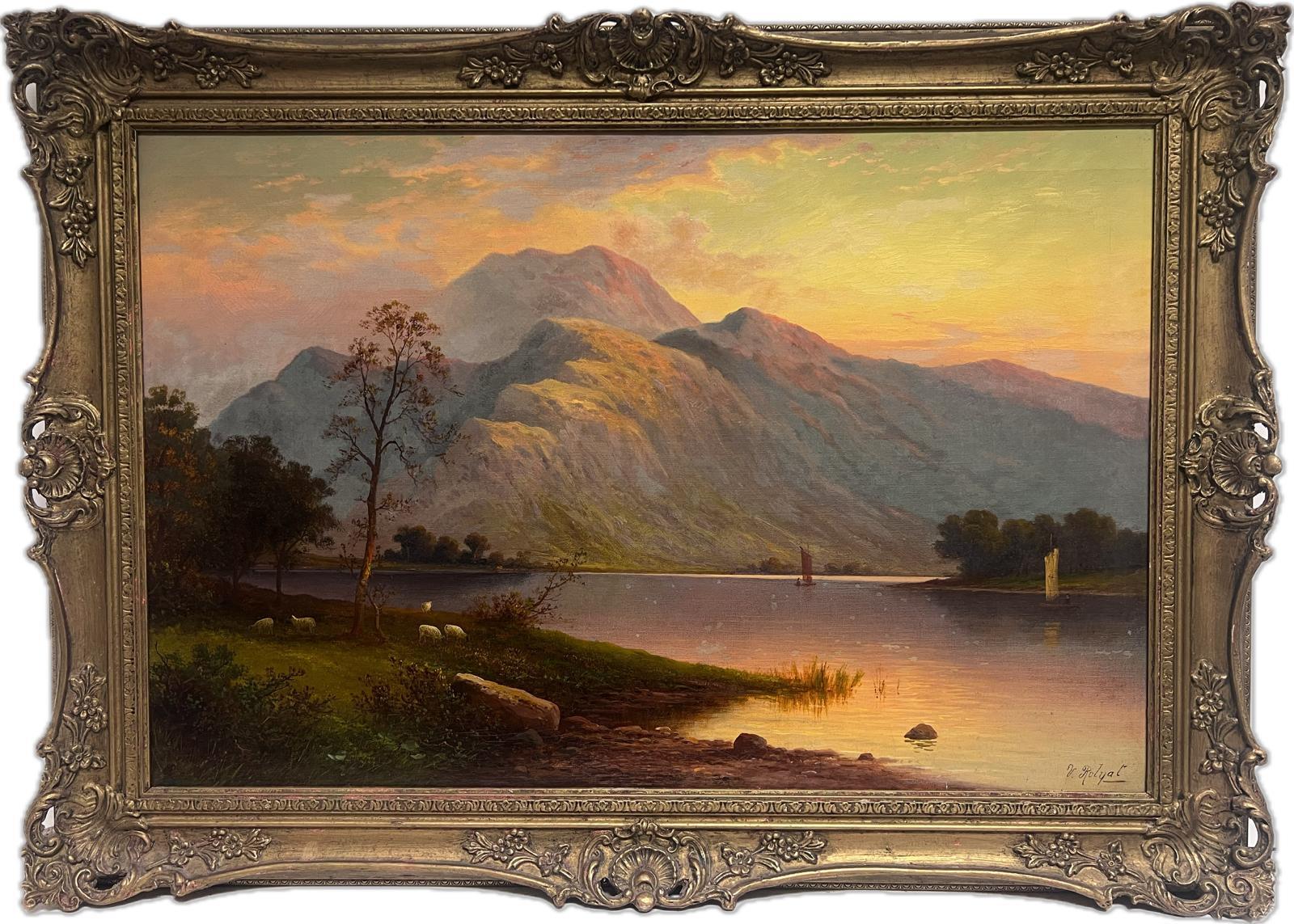Victor Rolyat Landscape Painting - Large Victorian Signed Oil Painting English Lake District Sunset Ullswater