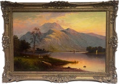 Grande peinture à l'huile victorienne signée English Lake District Sunset Ullswater