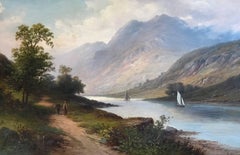 Scottish Loch Scene Figures Walking, Signed Antique Oil Painting