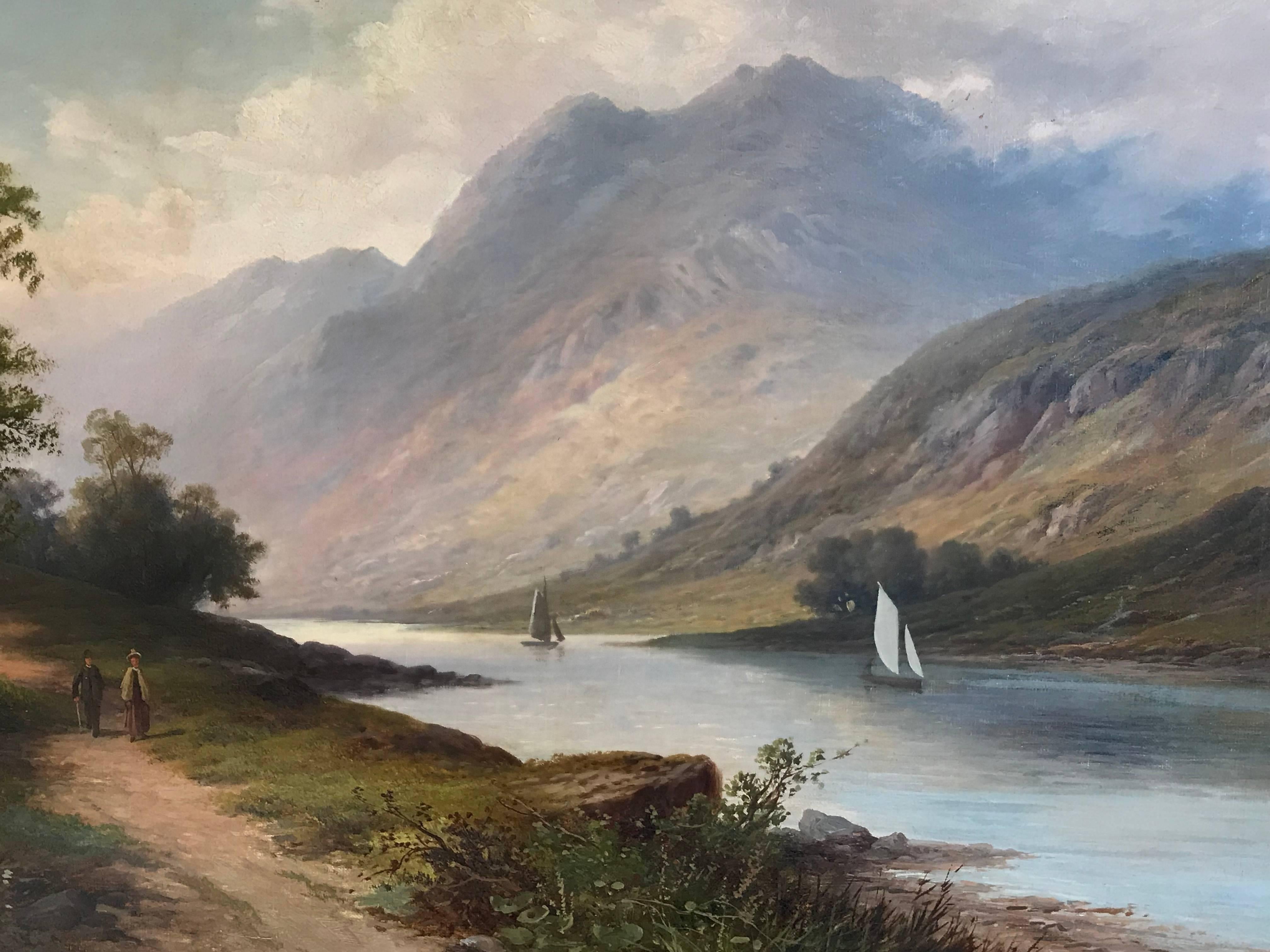 Scottish Loch Scene Figures Walking, Signed Antique Oil Painting - Gray Landscape Painting by Victor Rolyat