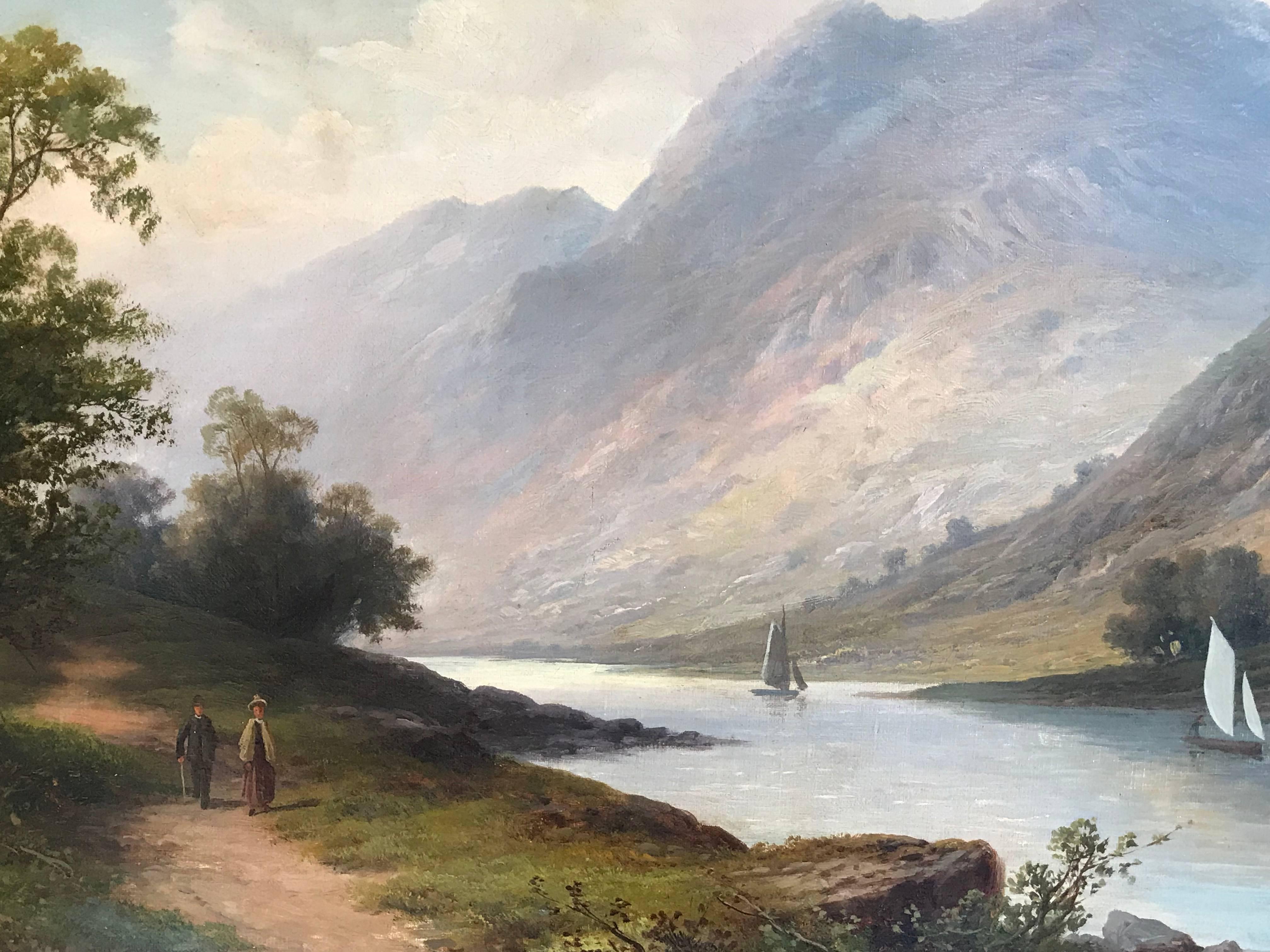 Scottish Loch Scene Figures Walking, Signed Antique Oil Painting 1