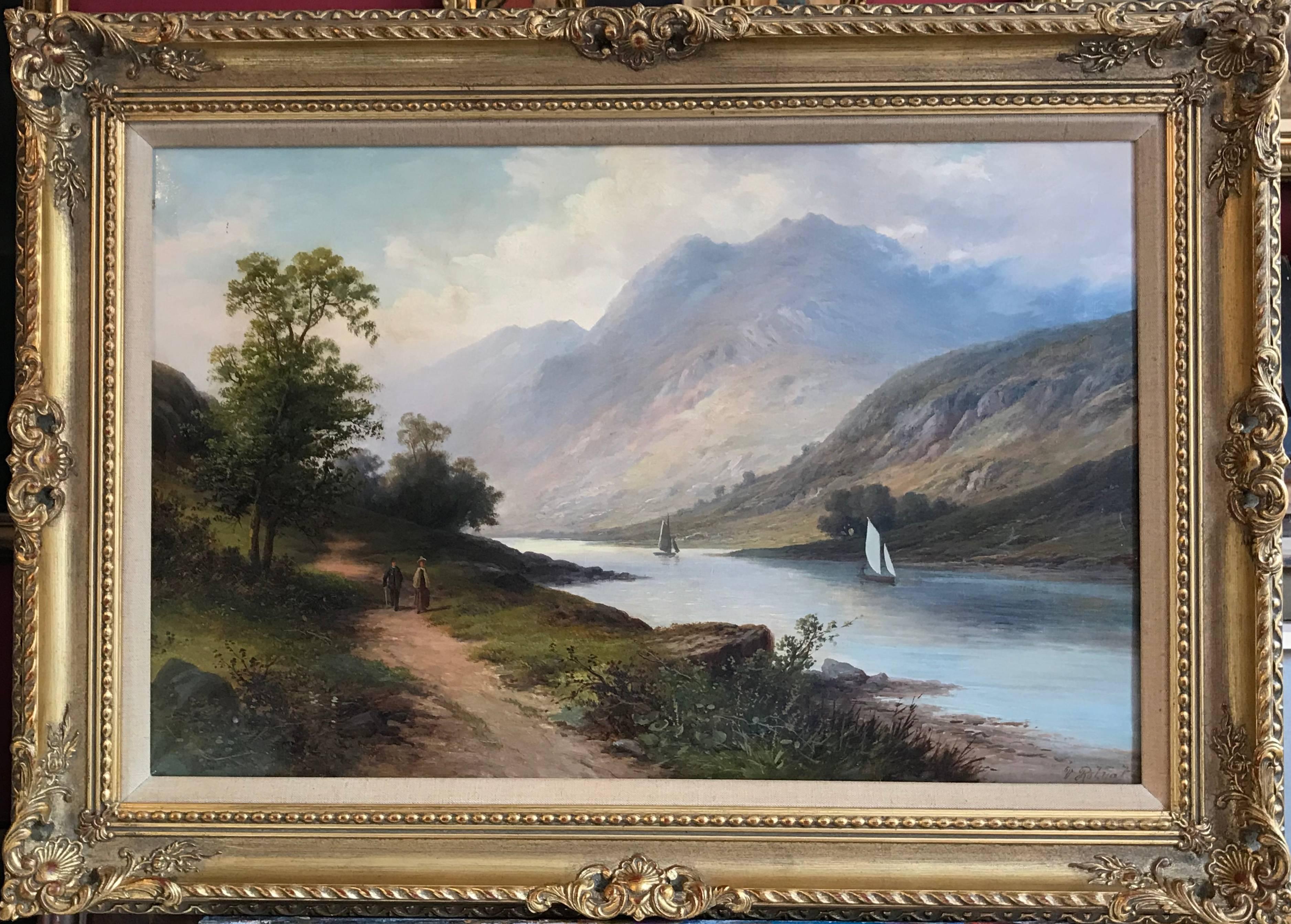 Victor Rolyat Landscape Painting - Scottish Loch Scene Figures Walking, Signed Antique Oil Painting