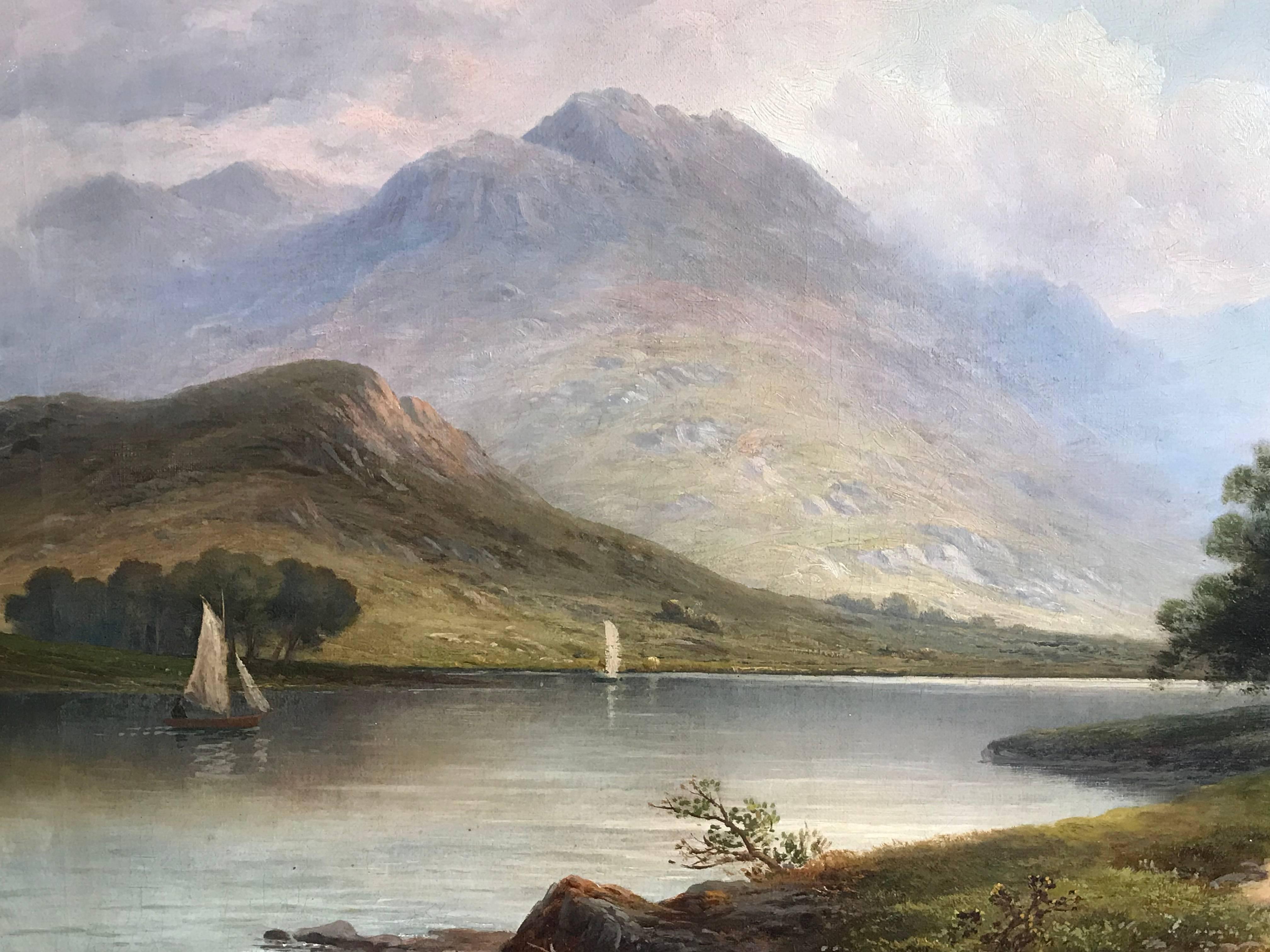 Scottish Loch Scene Sailing Boats, Signed Antique Oil Painting 4