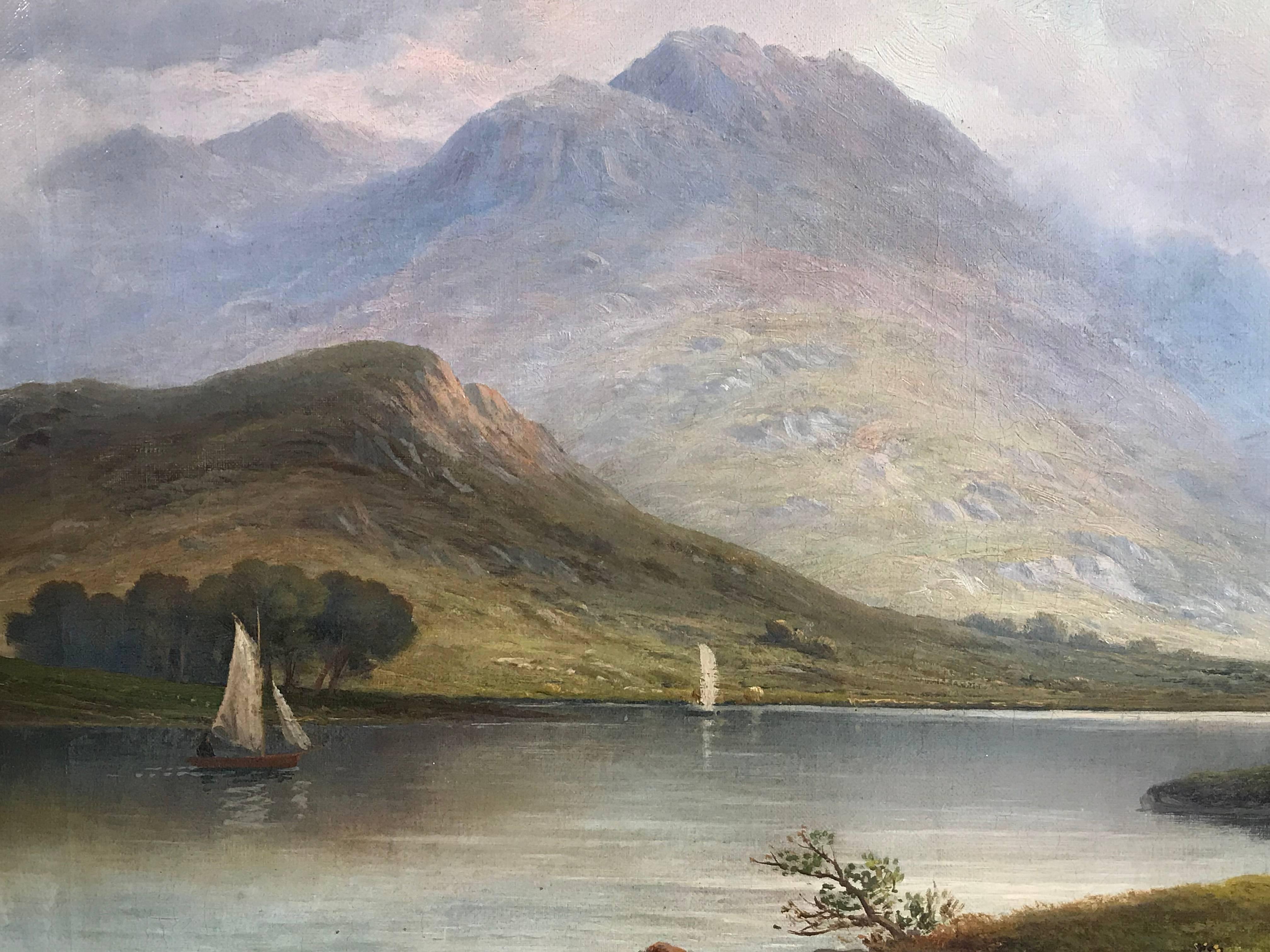 Scottish Loch Scene Sailing Boats, Signed Antique Oil Painting 6