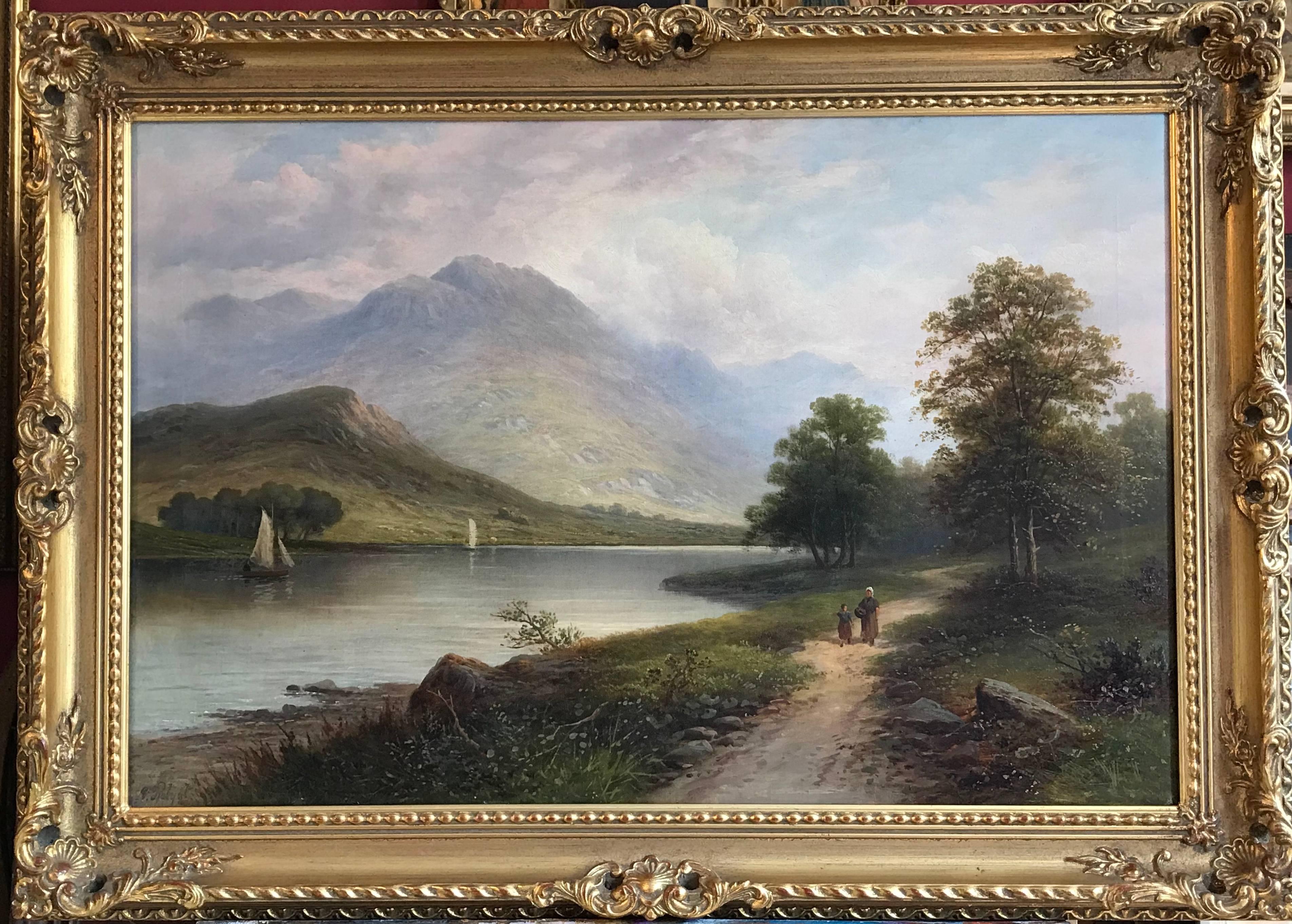 Victor Rolyat Figurative Painting - Scottish Loch Scene Sailing Boats, Signed Antique Oil Painting