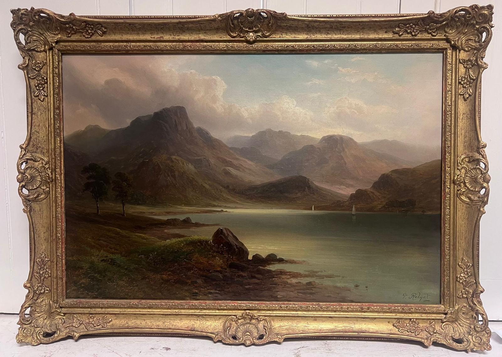 Pittura a olio scozzese vittoriana del XIX secolo molto grande Scena atmosferica del lago di Loch - Painting di Victor Rolyat