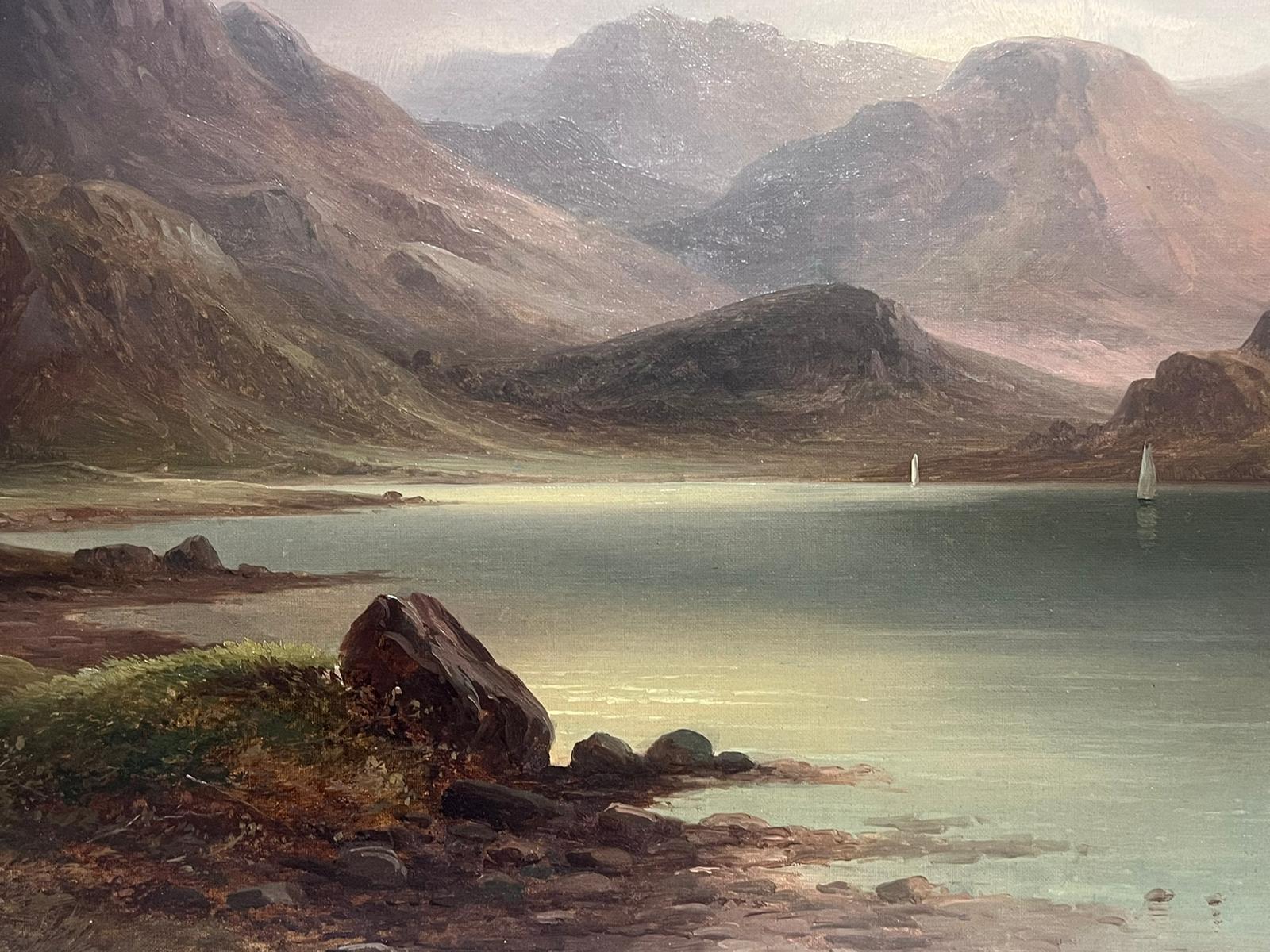 Pittura a olio scozzese vittoriana del XIX secolo molto grande Scena atmosferica del lago di Loch - Landscape Painting Nero di Victor Rolyat