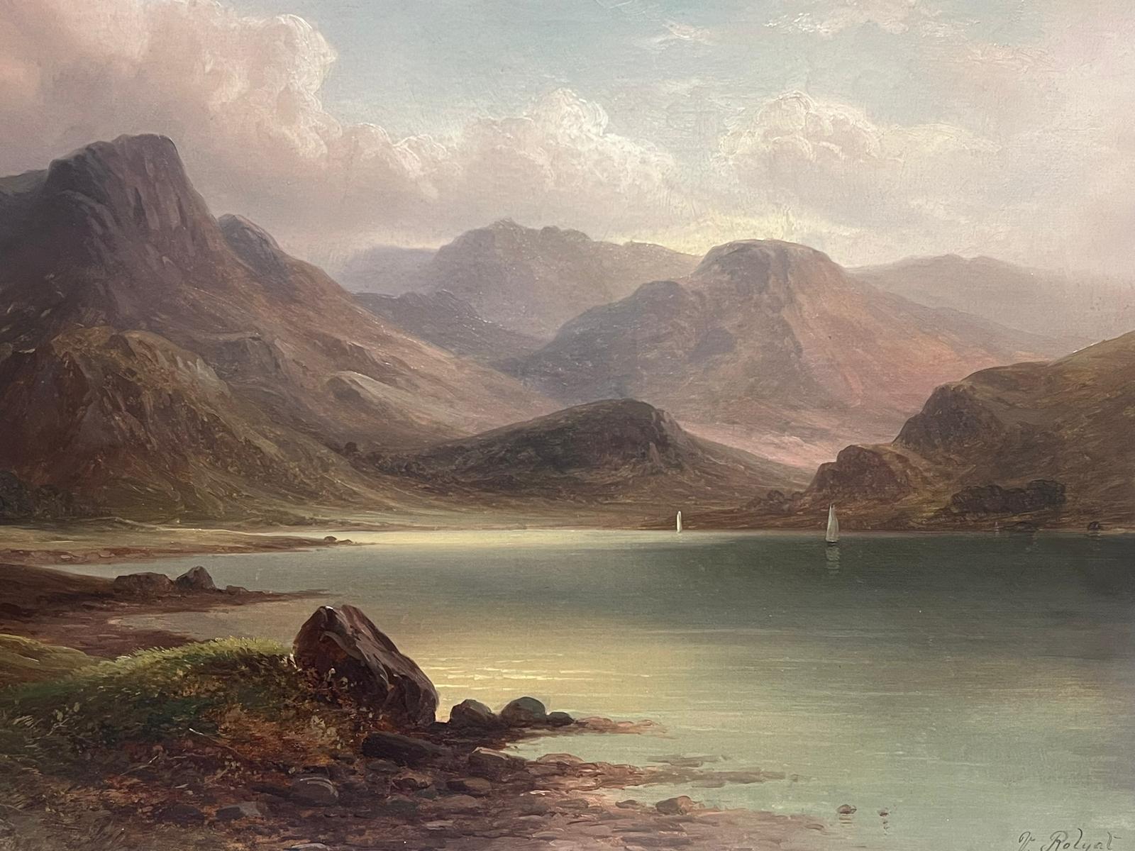 Pittura a olio scozzese vittoriana del XIX secolo molto grande Scena atmosferica del lago di Loch 1