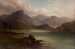 Pittura a olio scozzese vittoriana del XIX secolo molto grande Scena atmosferica del lago di Loch