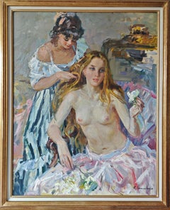 A Semi-Nude Lady with her Hair Stylist