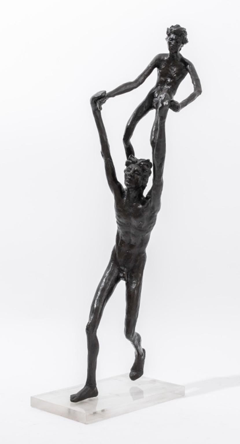 Victor Salmones (Mexican, 1937-1989), Father and Child, patinated bronze sculpture on lucite depicting a nude male figure with a child hoisted on his shoulders, edition 10/40, signed. Measures: 25.5