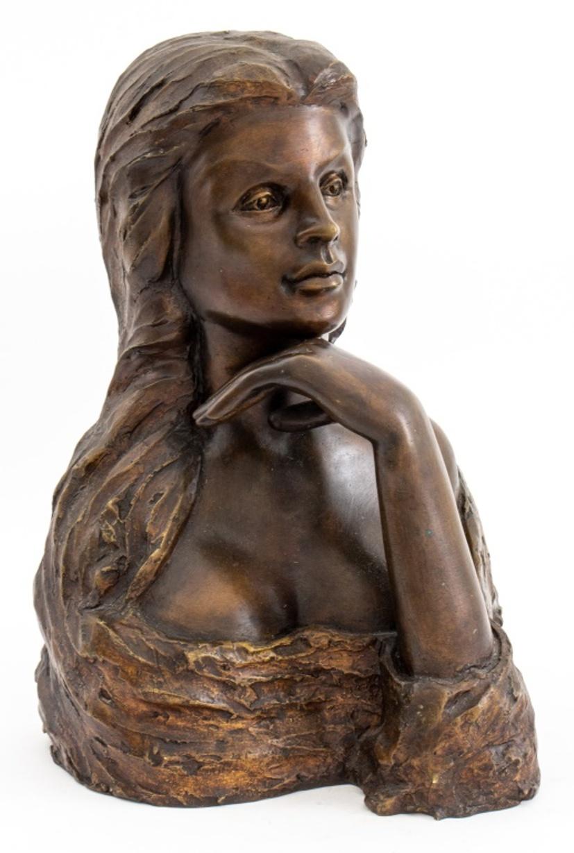 Victor Salmones (Mexican, 1937-1989), Female Bust, bronze sculpture, depicting the bust of a woman contemplating, edition 2/10, marked 