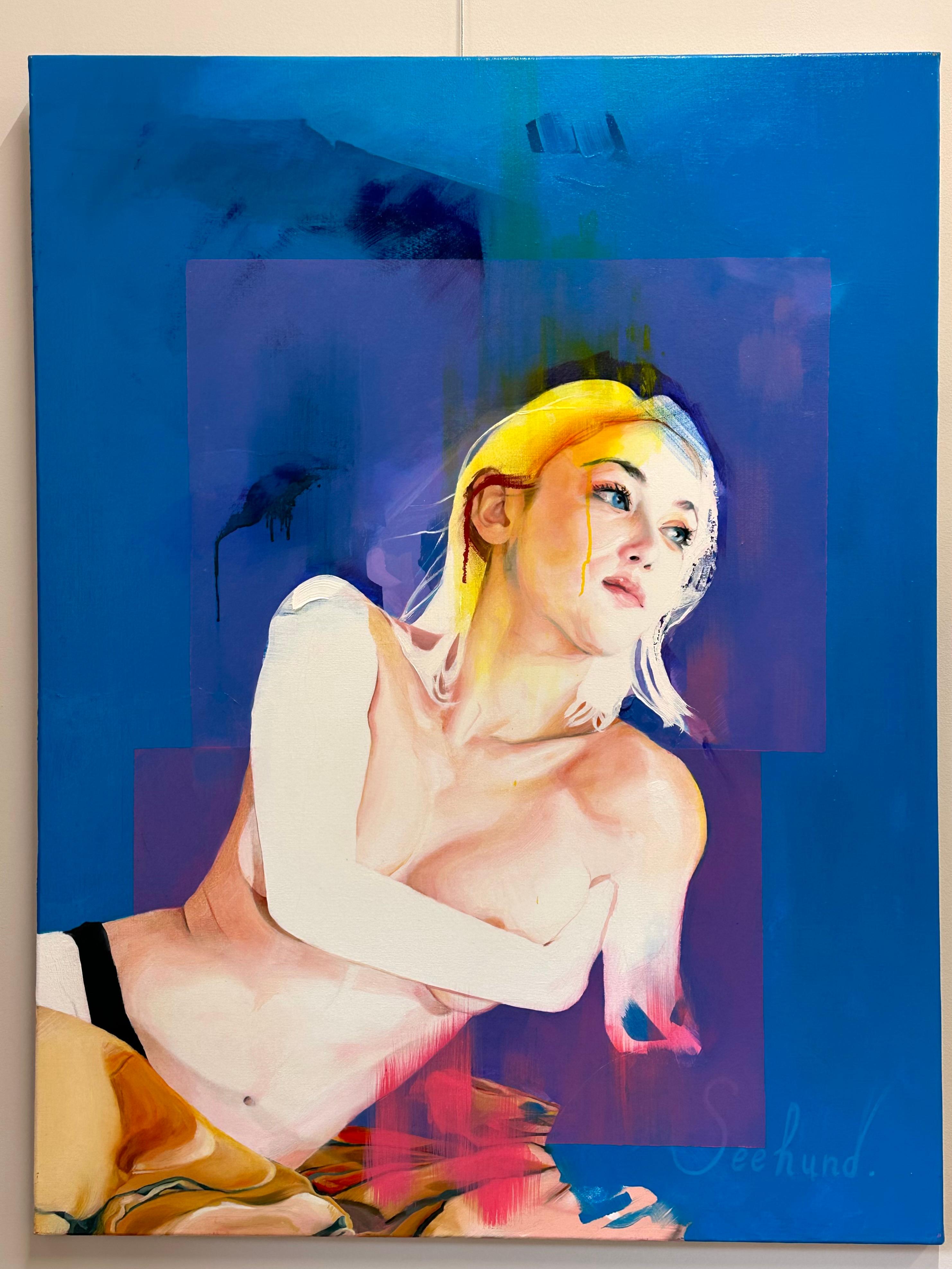 Yesterday's Present- 21st Century Contemporary Painting of  a blond woman - Blue Figurative Painting by Victor Schegin