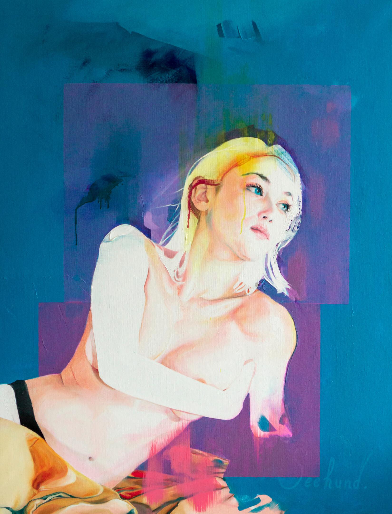 Victor Schegin Figurative Painting - Yesterday's Present- 21st Century Contemporary Painting of  a blond woman