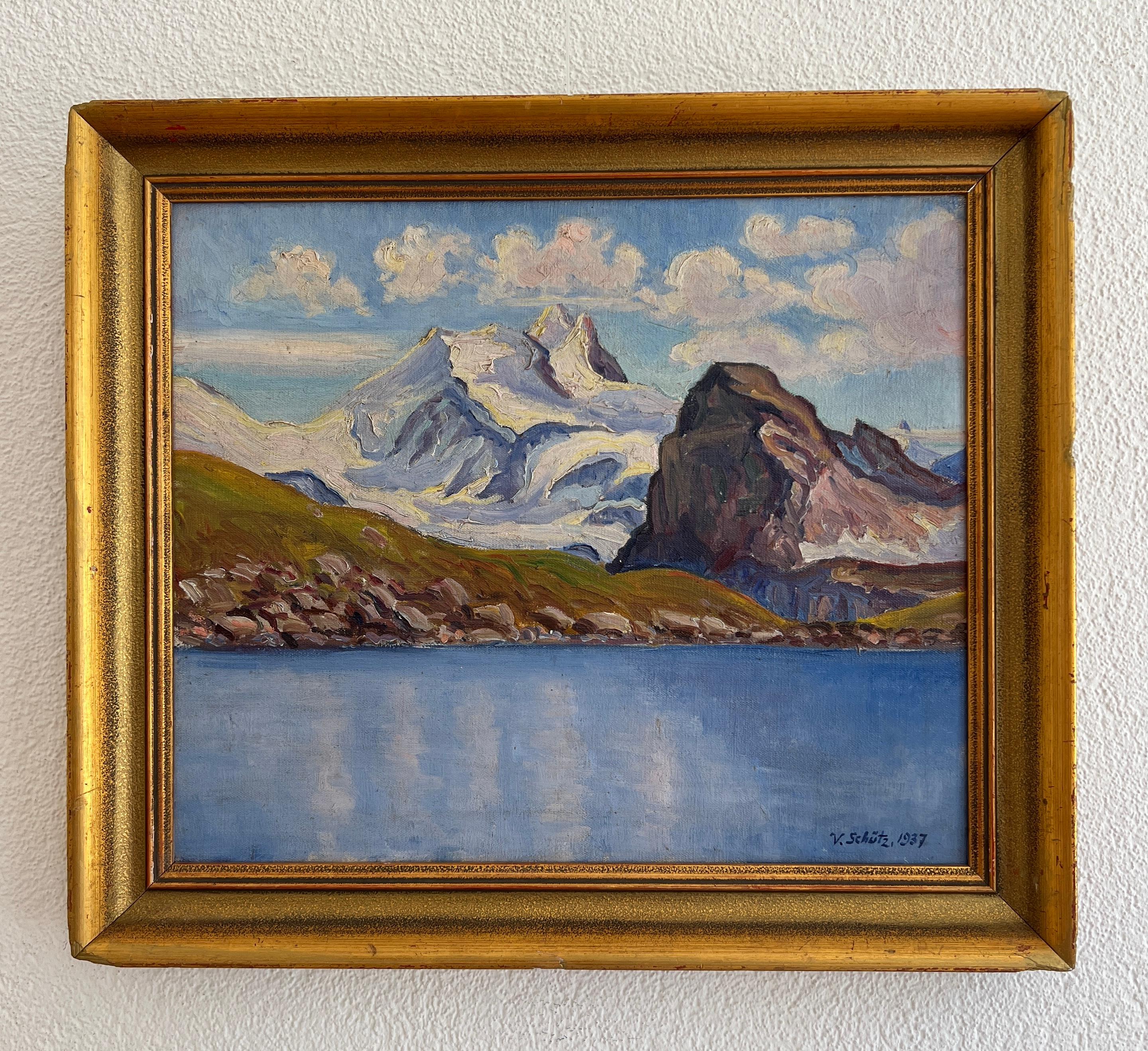 Snowy mountain landscape and lake view - Painting by Victor Schütz