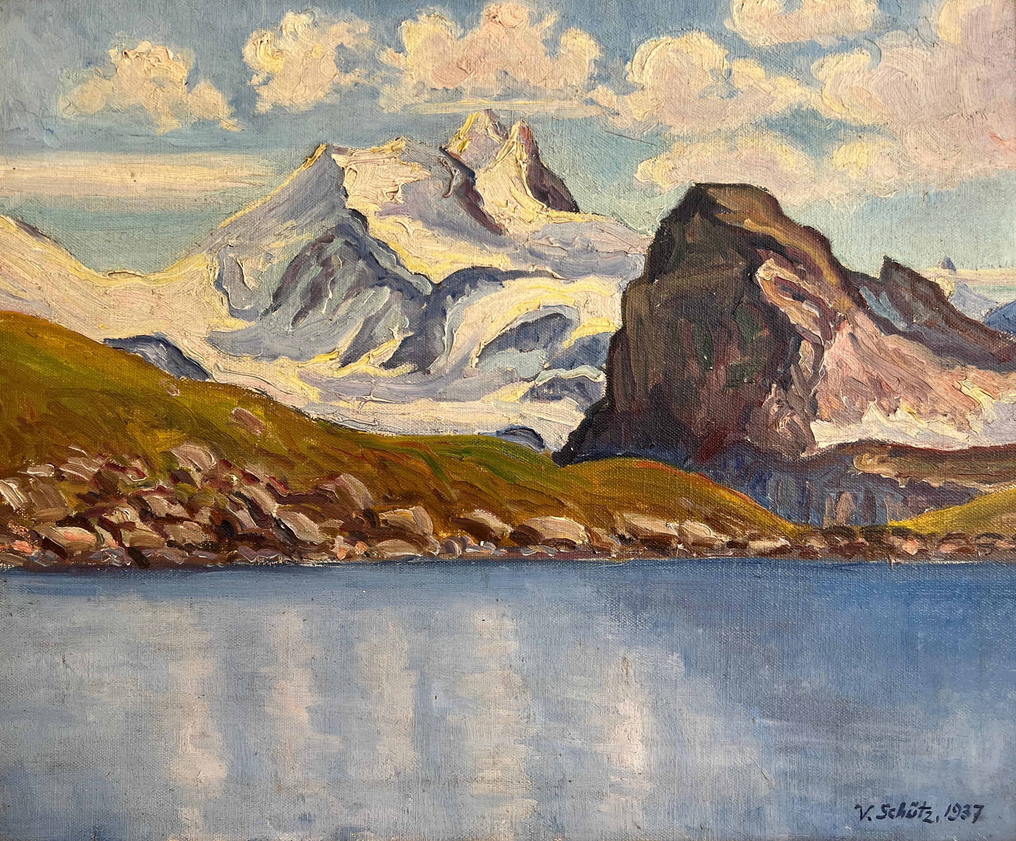 Victor Schütz Landscape Painting - Snowy mountain landscape and lake view