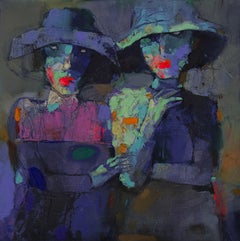 Two girlfriends in blue, Painting, Oil on Canvas