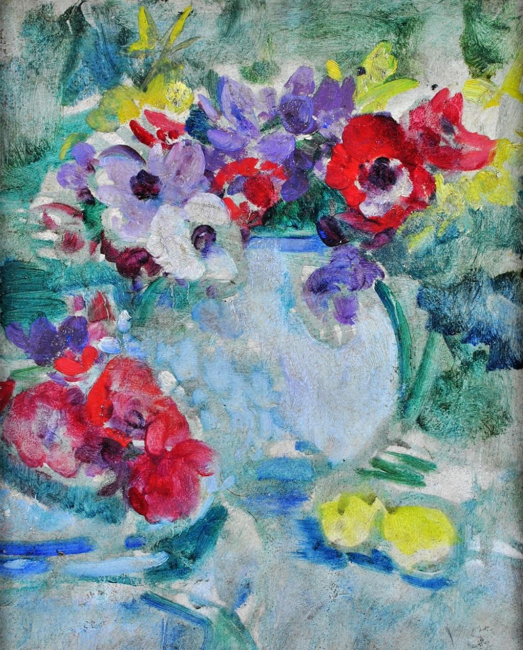 Anemones - Belgian Impressionist Still Life, Antique Flowers Floral Oil Painting - Gray Still-Life Painting by Victor Simonin