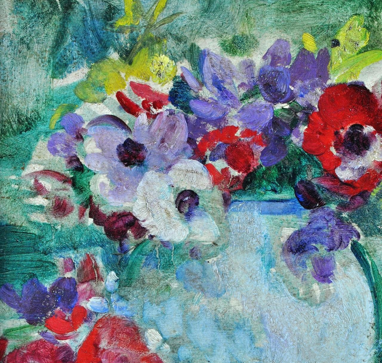 A very beautiful early 20th century impressionist oil on board still life depicting colourful anemones in a blue vase by Victor Simonin. 

This important and very fine work was exhibited at the retrospective exhibition of the artist in 1977,