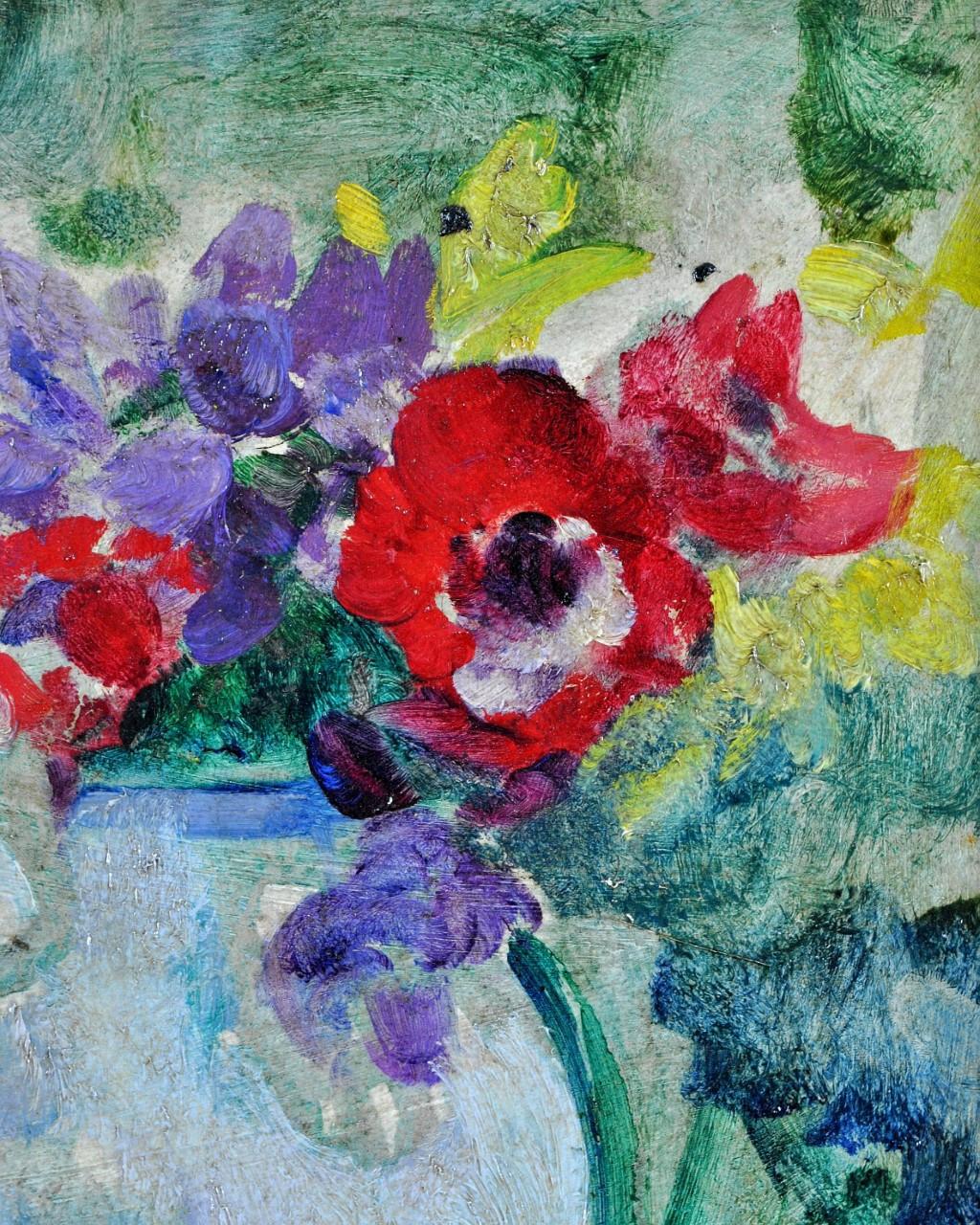 Anemones - Belgian Impressionist Still Life, Antique Flowers Floral Oil Painting For Sale 1