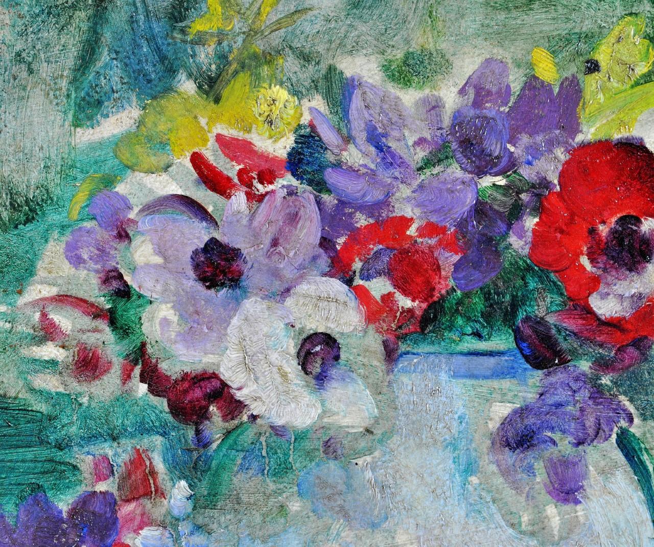 A very beautiful early 20th century impressionist oil on board still life depicting colourful anemones in a blue vase by Victor Simonin. This important and very fine work was exhibited at the retrospective exhibition of the artist in 1977, catalogue