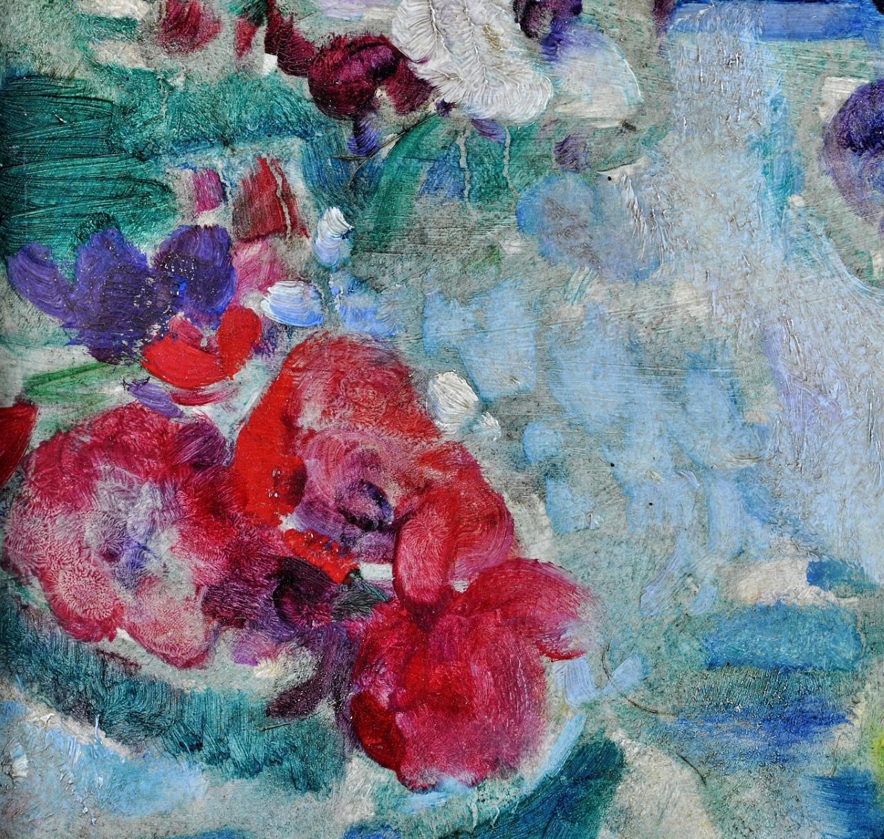 Anemones - Nature morte impressionniste belge, peinture à l'huile florale ancienne de fleurs en vente 2
