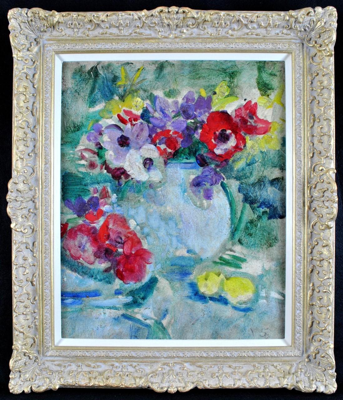Still-Life Painting Victor Simonin - Anemones - Nature morte impressionniste belge, peinture à l'huile florale ancienne de fleurs