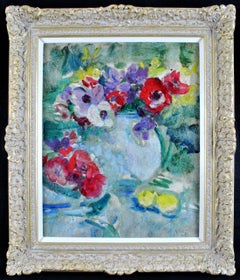 Anemones - Belgian Impressionist Still Life, Antique Flowers Floral Oil Painting