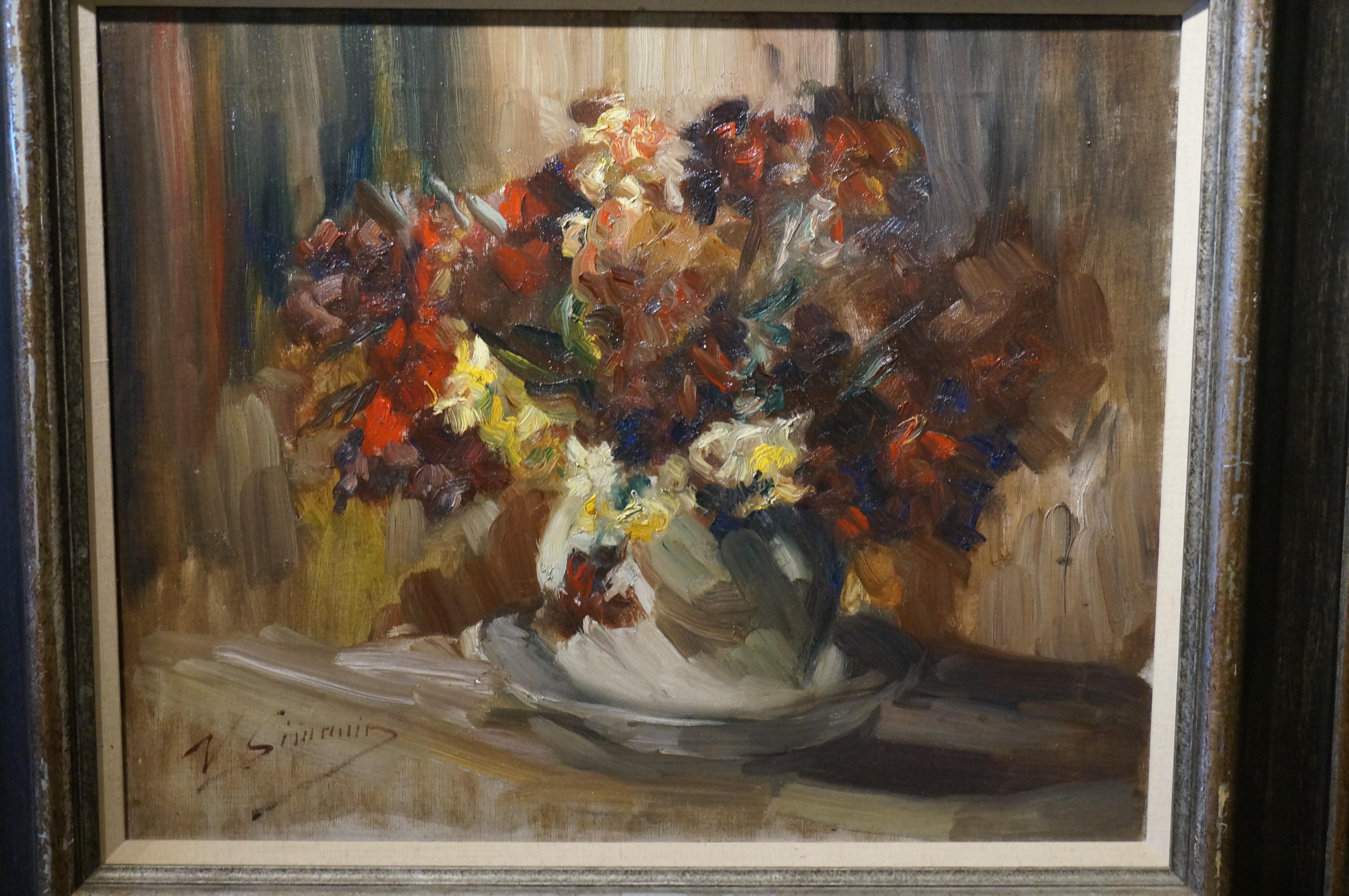 Blumen-Stilleben-Gemälde, Vicor Simonin, impressionistisch, Öl auf Leinwand – Painting von Victor Simonin