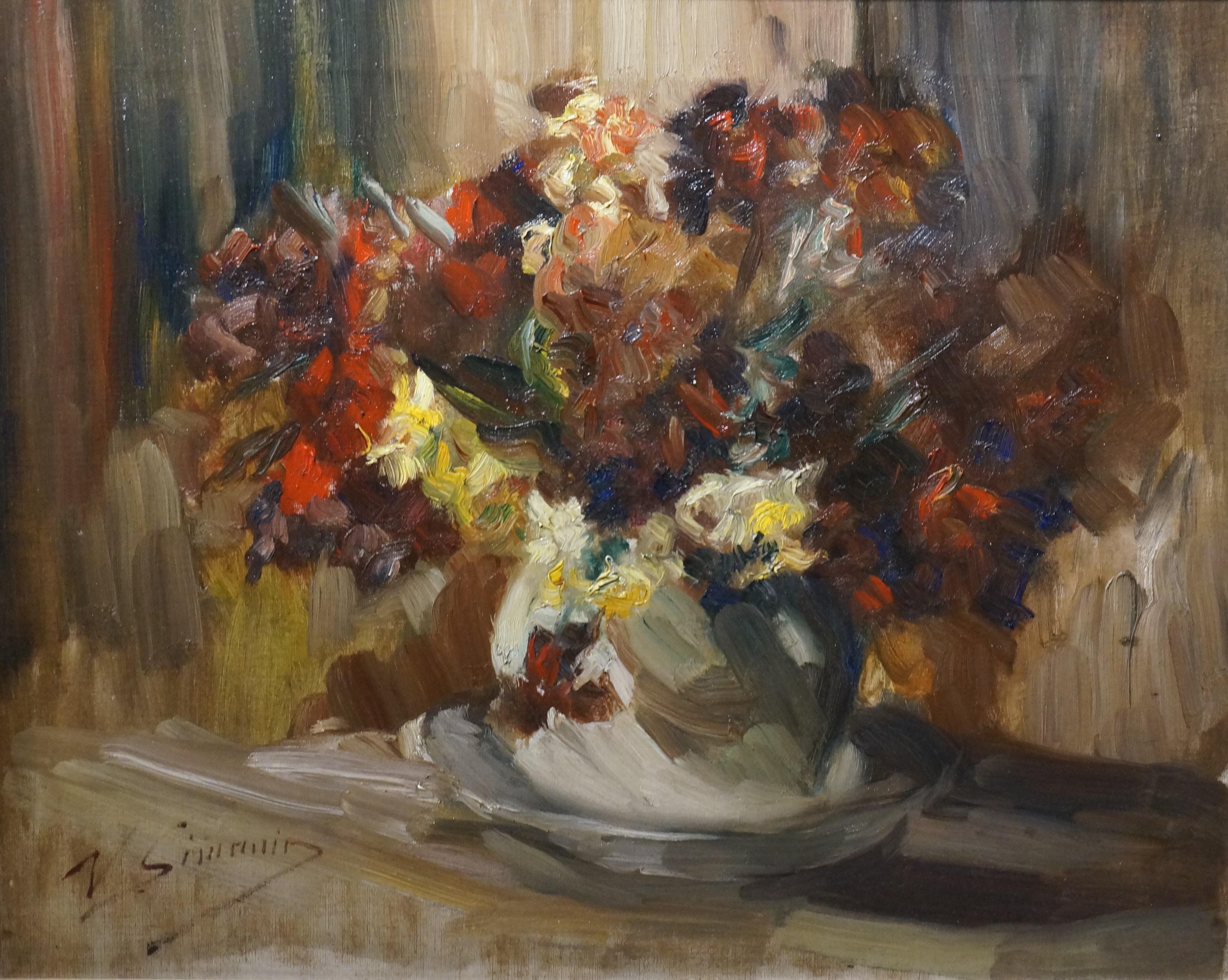 Blumen-Stilleben-Gemälde, Vicor Simonin, impressionistisch, Öl auf Leinwand