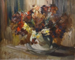 Antique Flower stil-life painting, Vicor Simonin, impressionist, oil on canvas